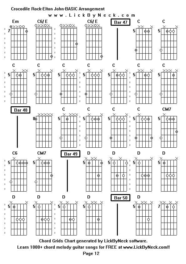 Chord Grids Chart of chord melody fingerstyle guitar song-Crocodile Rock-Elton John-BASIC Arrangement,generated by LickByNeck software.